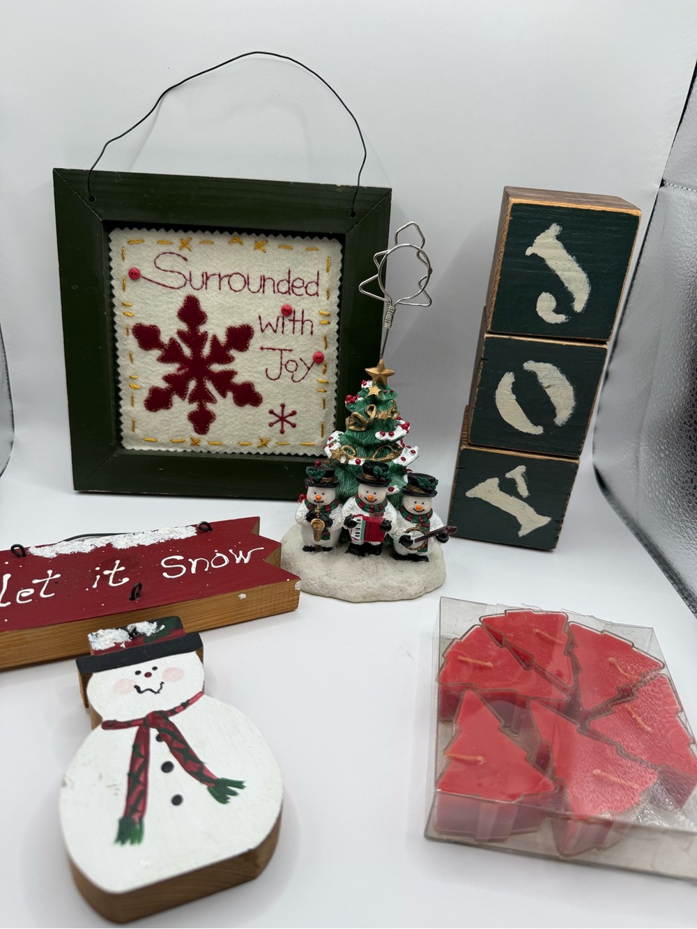 Rustic Christmas Decor Lot Snowmen JOY Signs Candles Photo Holder 5 Piece